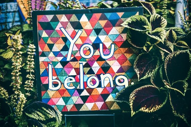 An inclusive slogan on a colourful board – You belong